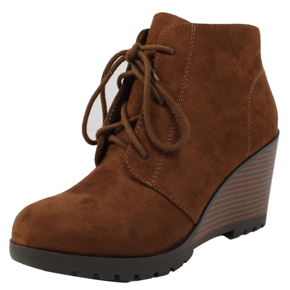 Oak  Faux Suede Lace Up Stacked Wedge Ankle Boo - Picture 2 of 7